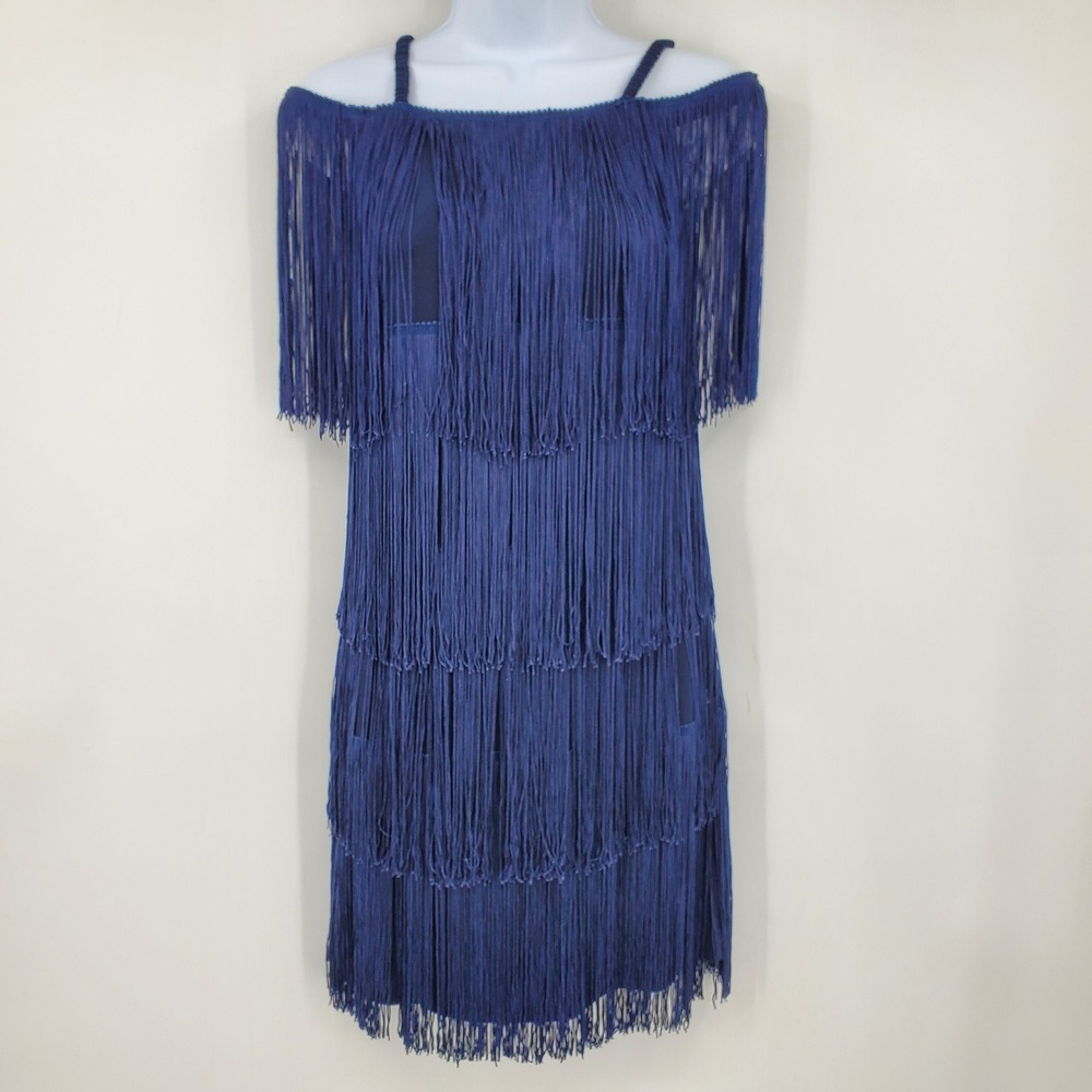 Muse Boston Proper Navy Blue Fringe Flapper Dress Cold Shoulder Size 2 Dance‎